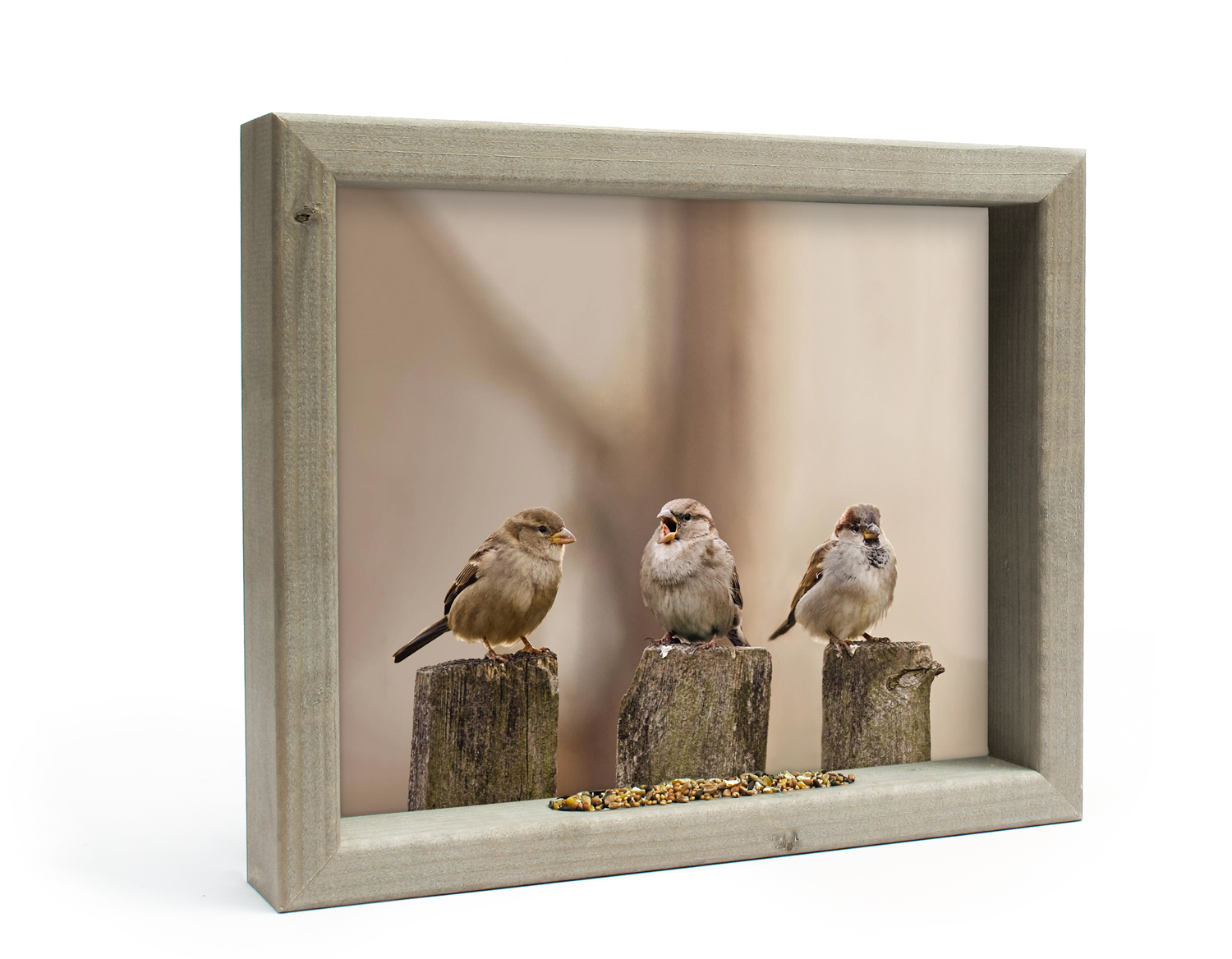 Vogelvoederlijstje Tuinschilderij 3 mussen op paaltjes