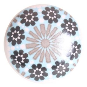 Keramische knop lichtblauw/zwart/witte print