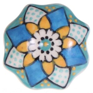 Keramische knop bloem geel/blauw/turquoise