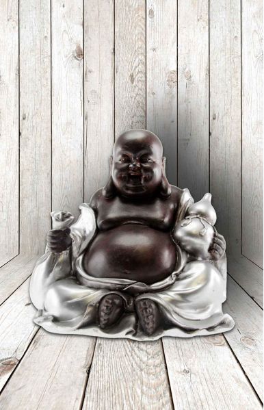 Buddha happy fortune met zak in hand 13x14 cm