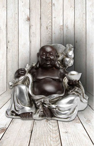 Buddha happy fortune met zak op schouder 18x18cm