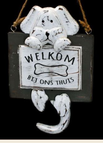 Houten bordje hond 20x12cm welkom antique white