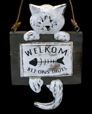 Houten bordje kat 20x12cm welkom antique white