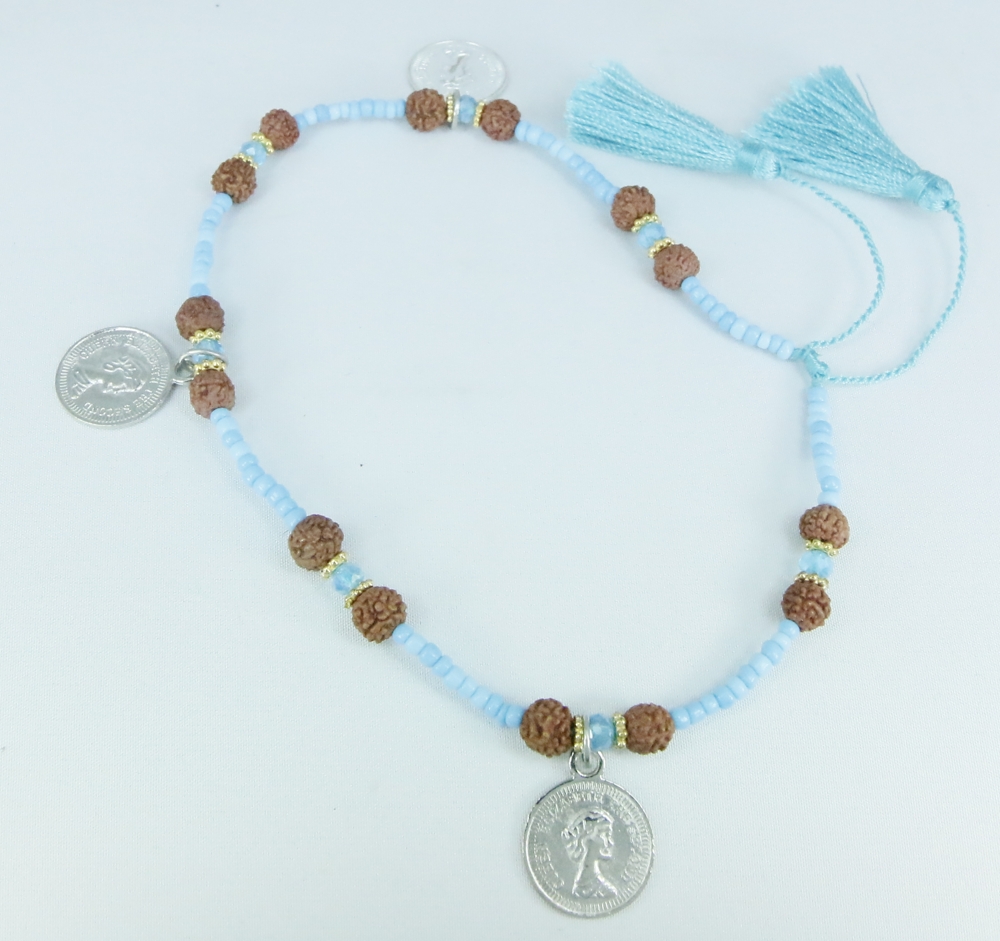 Enkelbandje - turquoise -  kraaltjes + muntjes 25-30cm - verstelbaar