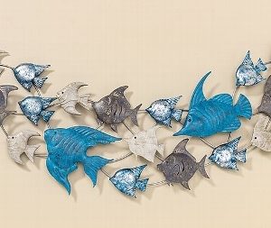 Metalen tropische vissen wanddecoratie - ±150x70cm blauw/grijs/wit tin