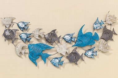 Metalen tropische vissen wanddecoratie - ±150x70cm blauw/grijs/wit tin