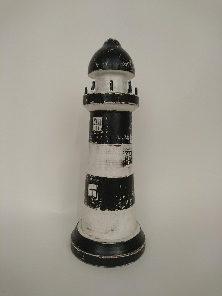 Houten vuurtoren 30cm zwart-wit