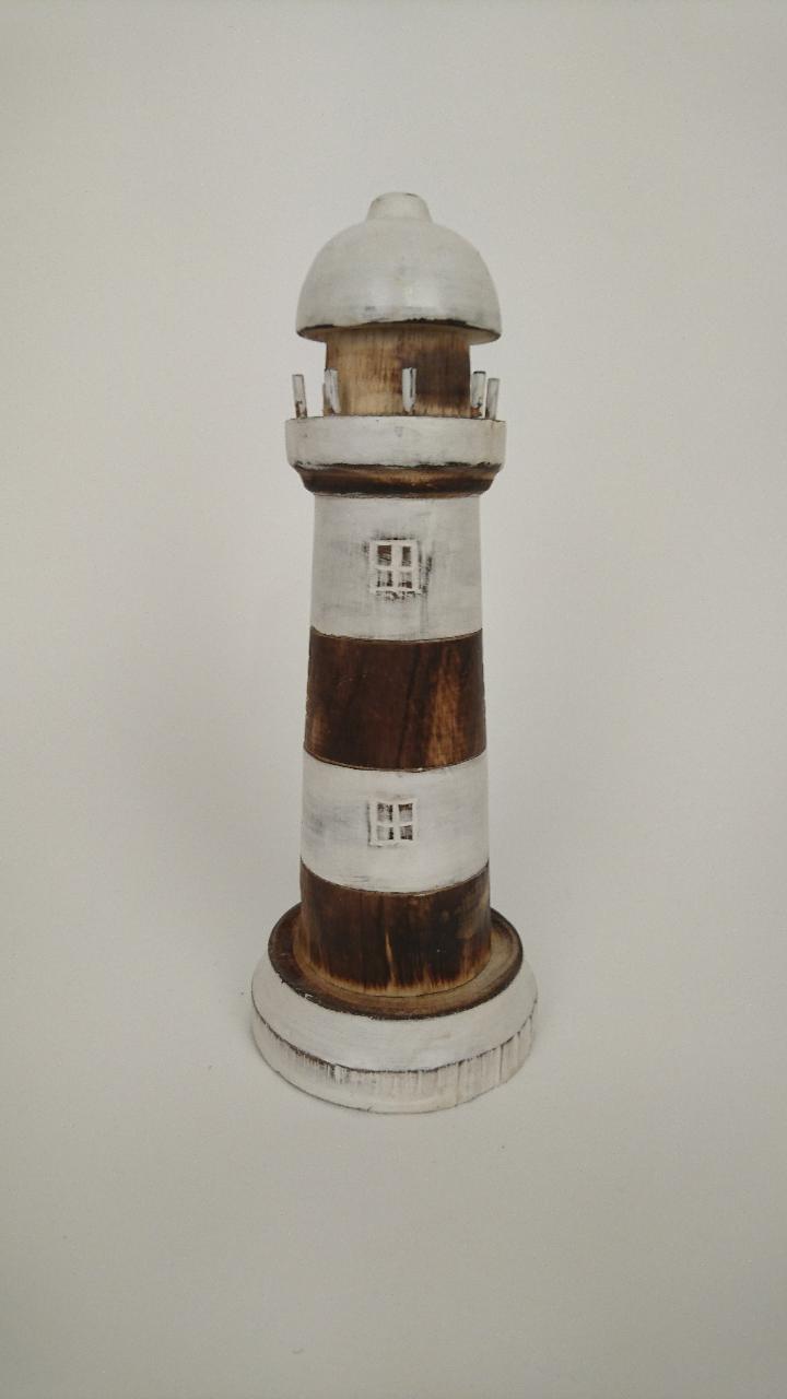 Houten vuurtoren 30cm donkerbruin-wit