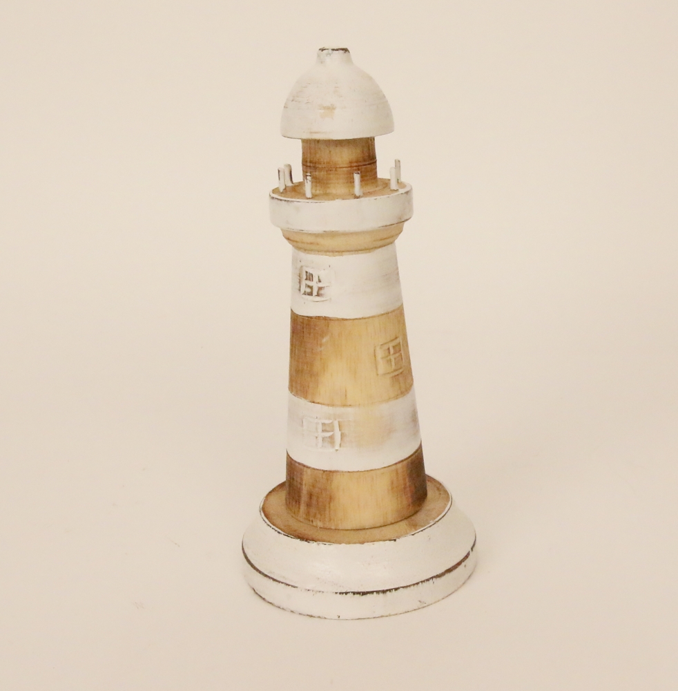Houten vuurtoren 20cm lichtbruin-wit