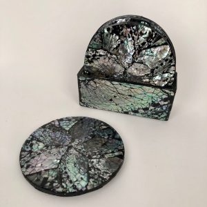 Onderzetters abalone schelp rond zwart 6x incl. houder