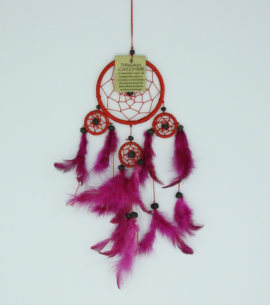 Dromenvanger ±9cm met kleintjes - rood met roze veertjes
