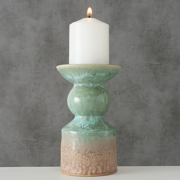 Kaarshouder Peruya rond H15cm Sage green stoneware colour-mix