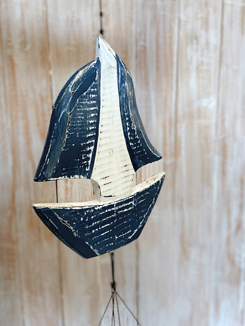 Bamboe windgong zeilboot blauw/wit ±30cm - Afbeelding 2