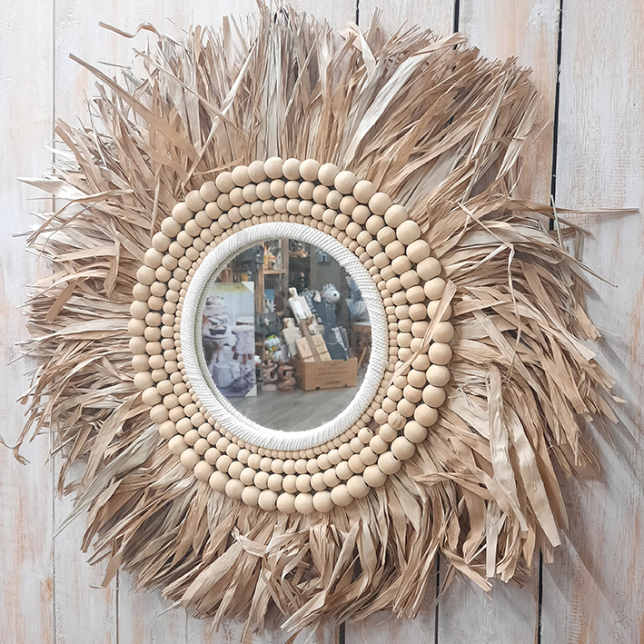 Spiegel met schelpjesrand en touwgras ±50cm naturel
