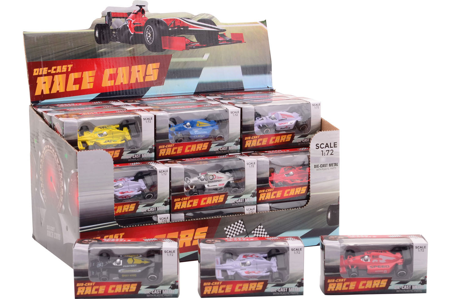 Raceauto 1:72 in display, 6 assorti
