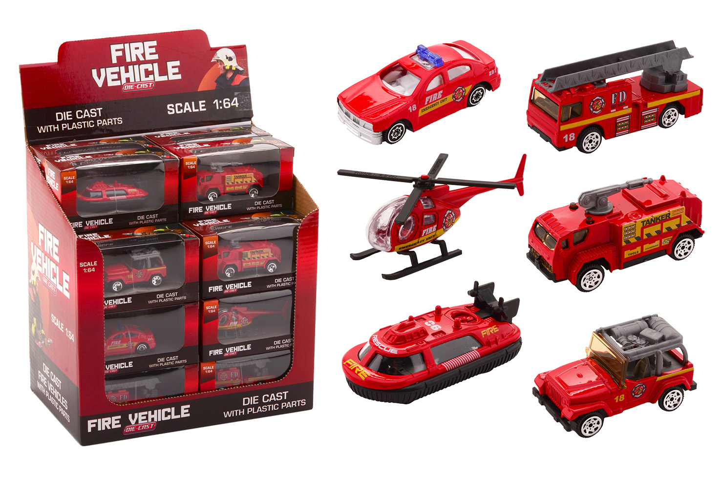 Brandweer voertuigen 1:64 in display 6 assorti