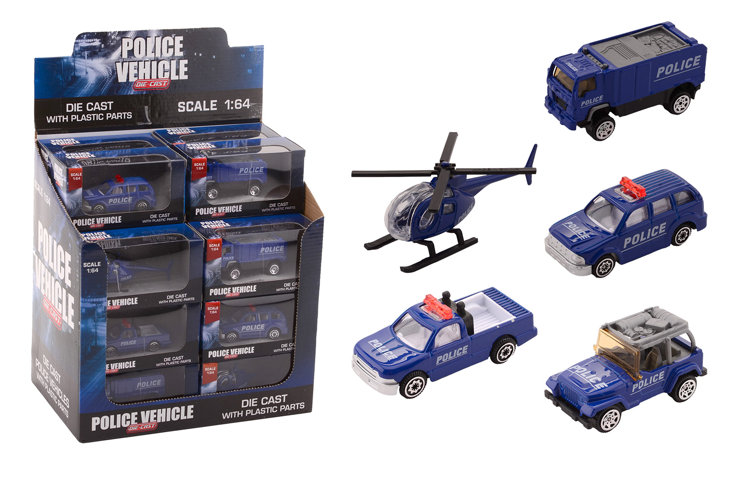 Politievoertuigen 1:64 in display 5 assorti