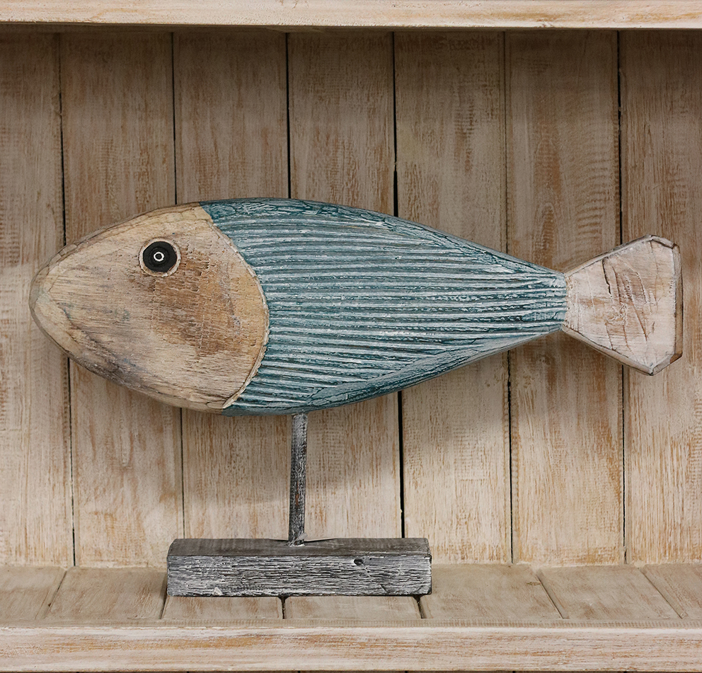 Houten vis op voet turquoise/houtkleur ±50cm