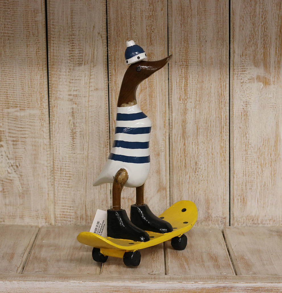 Eend hout Skateboard navy/geel ±25cm 28x20x11cm