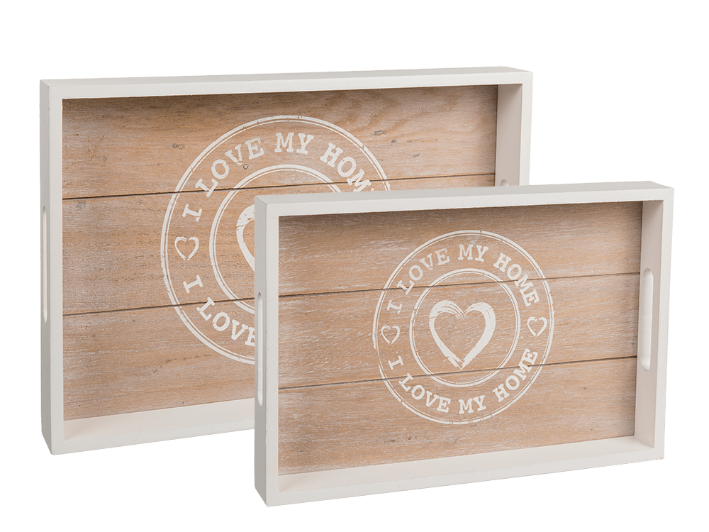 Wit/naturel houten dienblad, set van 2st., ca. 35x24cm & 30x20cm