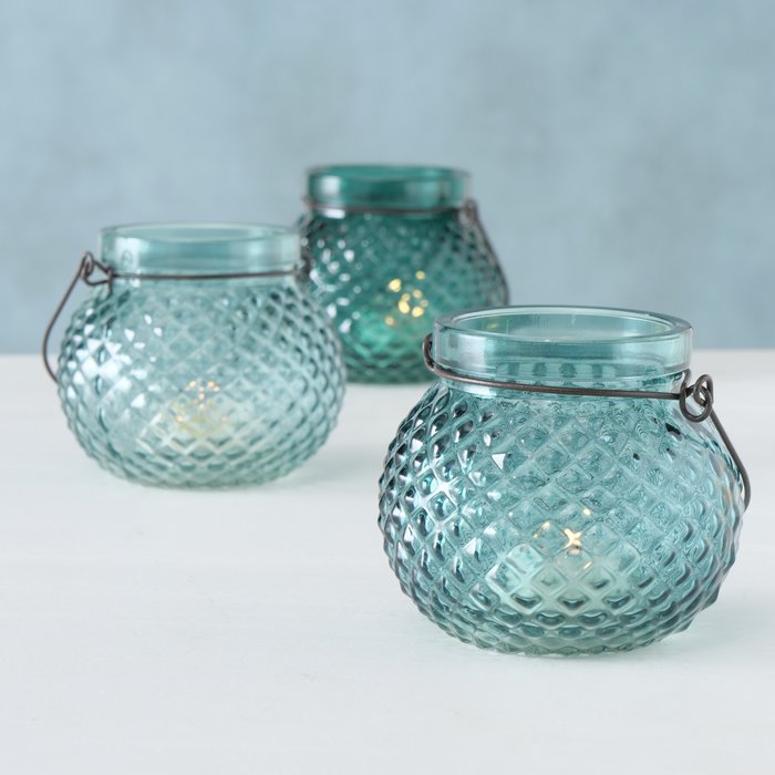 Windlicht Viona, Lichtblauw, Rond, H 9 cm, Glas - Afbeelding 3