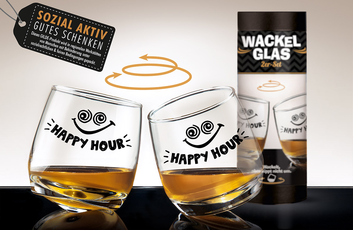 Wankelglas "Happy hour" 2 stuks in verpakking