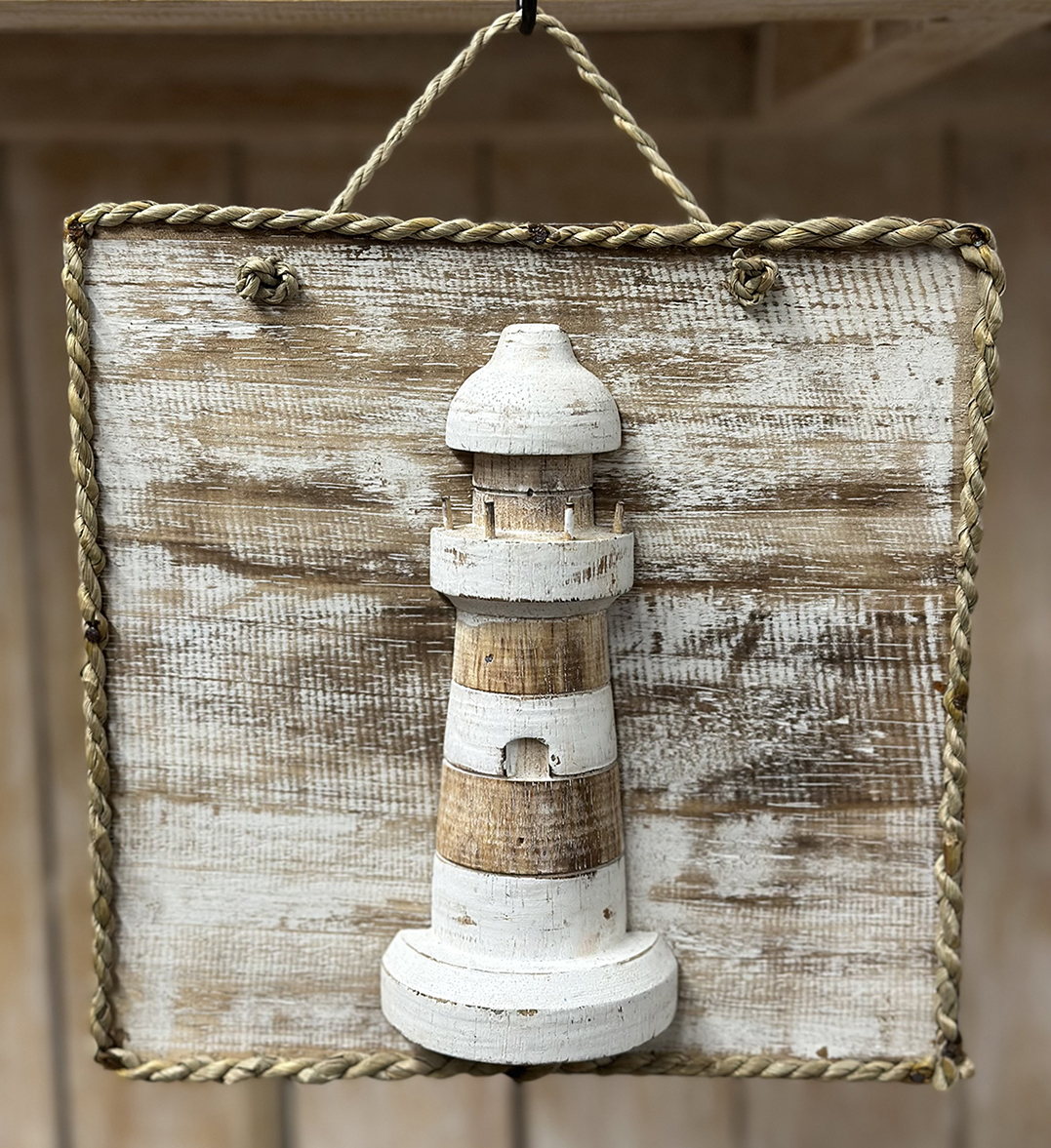 Bordje Touw + Vuurtoren 20x20cm Bruin/wit