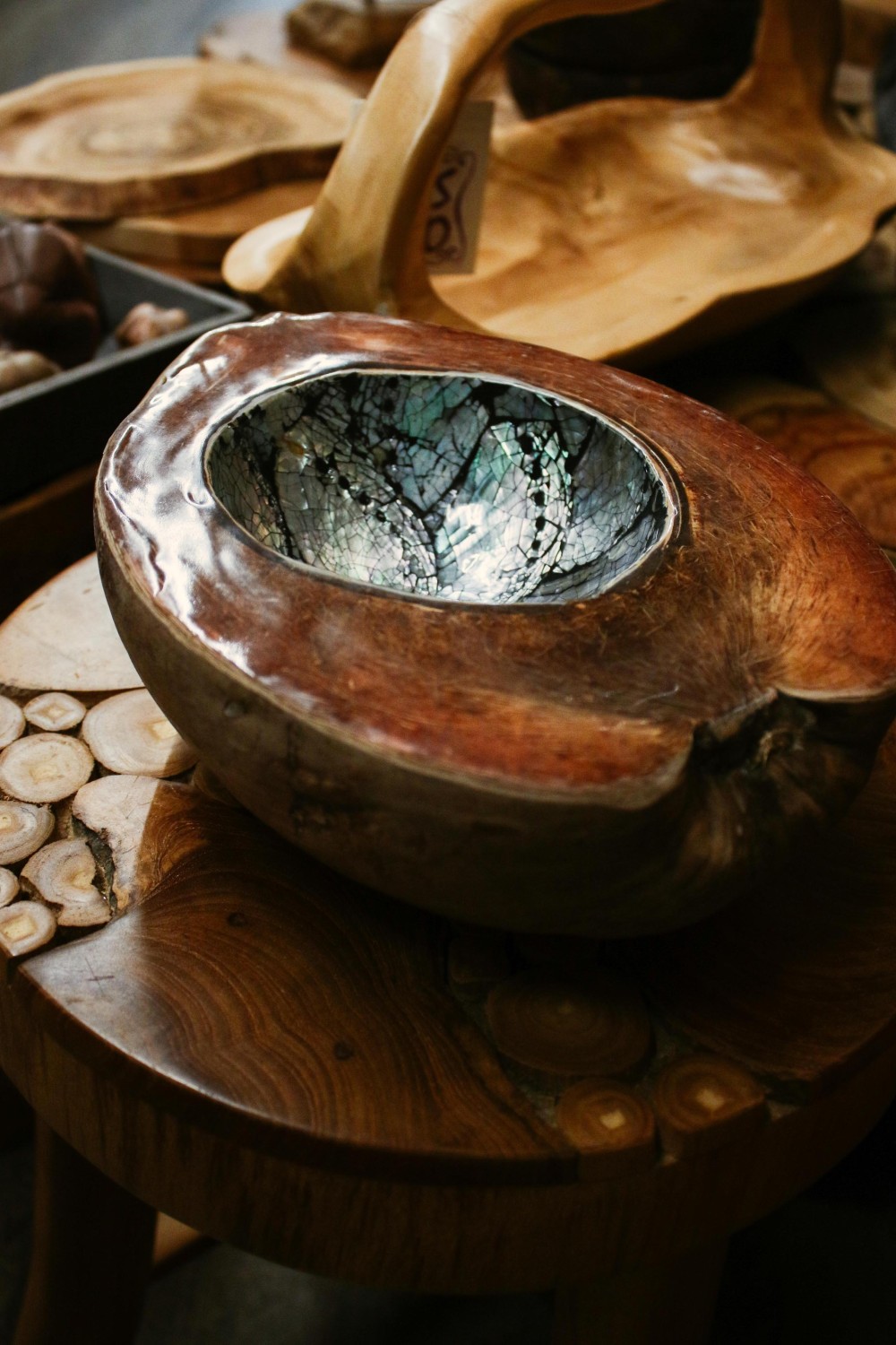 Kokosnoot schaal met abalone schelp aan binnenzijde