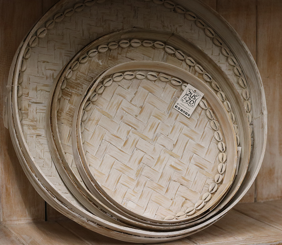 Bamboeschaal rond met schelp ±40cm whitewash - Afbeelding 5