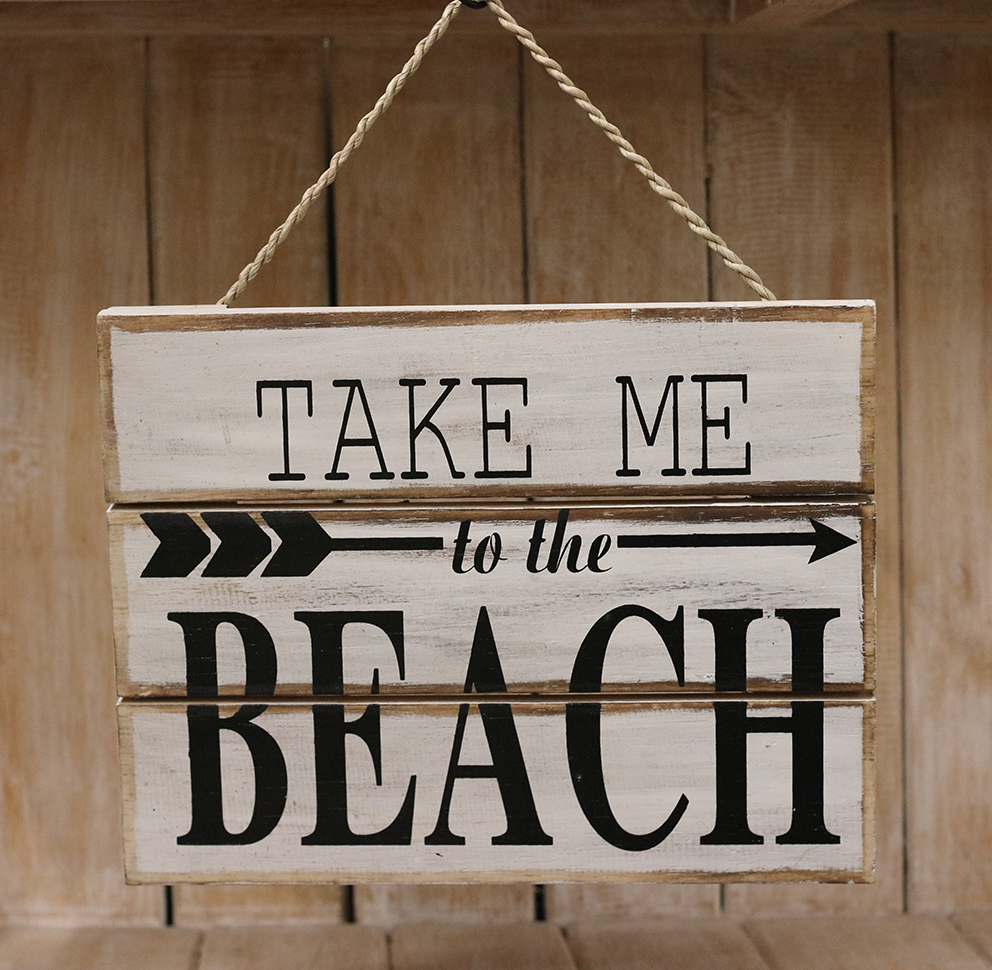 Tekstbord hout 'Take me to the beach' 24x30cm