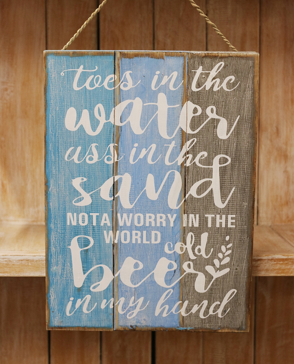 Houten tekstbord 'Toes in the water' ±30x40cm turquoise/blauw/grijs