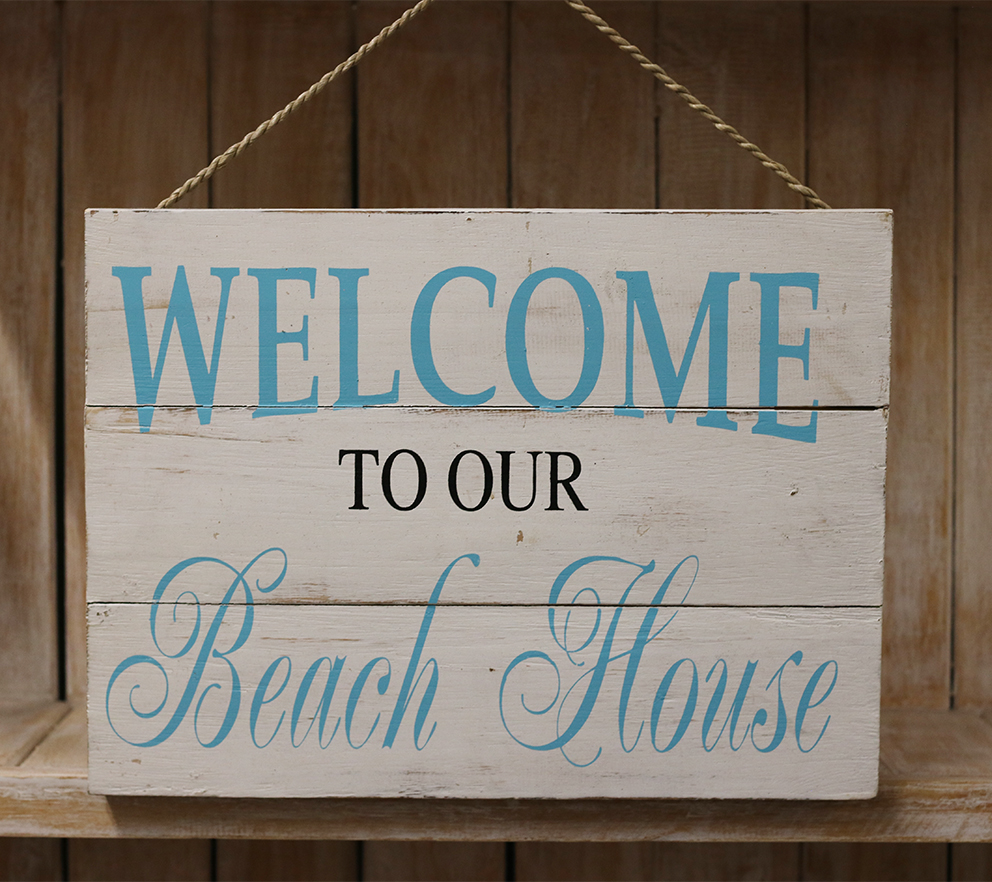 Houten tekstbord 'Welcome to our beach house'±30x40cmzw/wit/turquoise