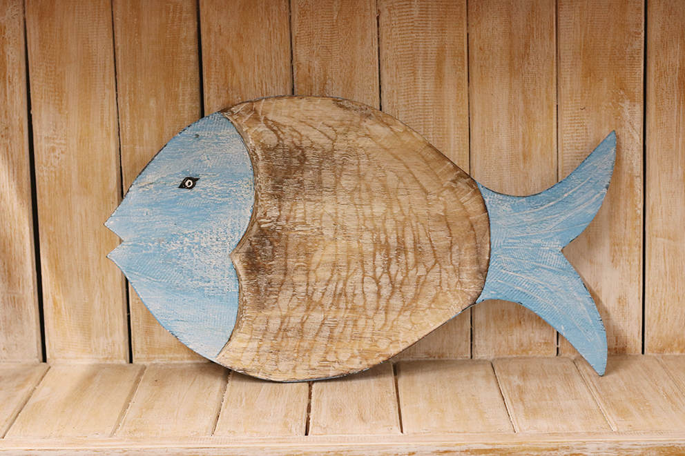 Houten bord in vorm van vis naturel/turquoise ±50cm curved