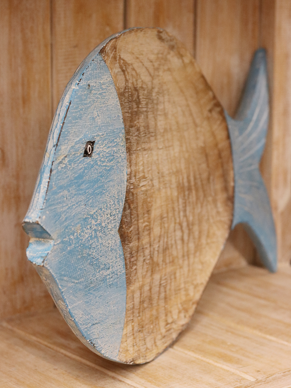 Houten bord in vorm van vis naturel/turquoise ±50cm curved - Afbeelding 2