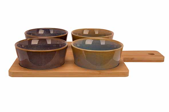 SERVEERPLANK 31X21.5XH1CM BAMBOE + 4BOWLS