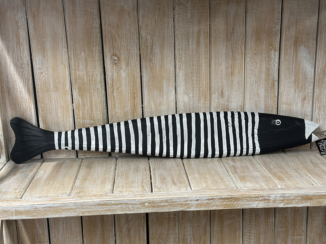 Houten vis gestreept hangend 80cm Zwart