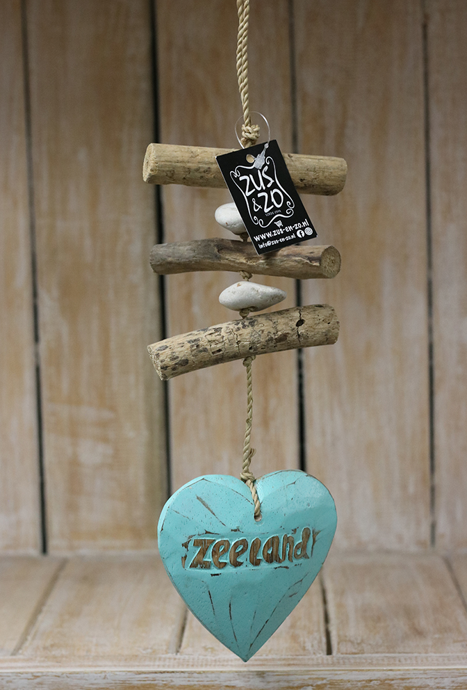 Drijfhouthanger Hart Zeeland 45cm Turqoise