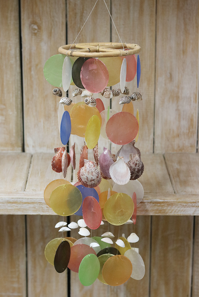 Mobiel capiz houten ring multicolor + schelpjes