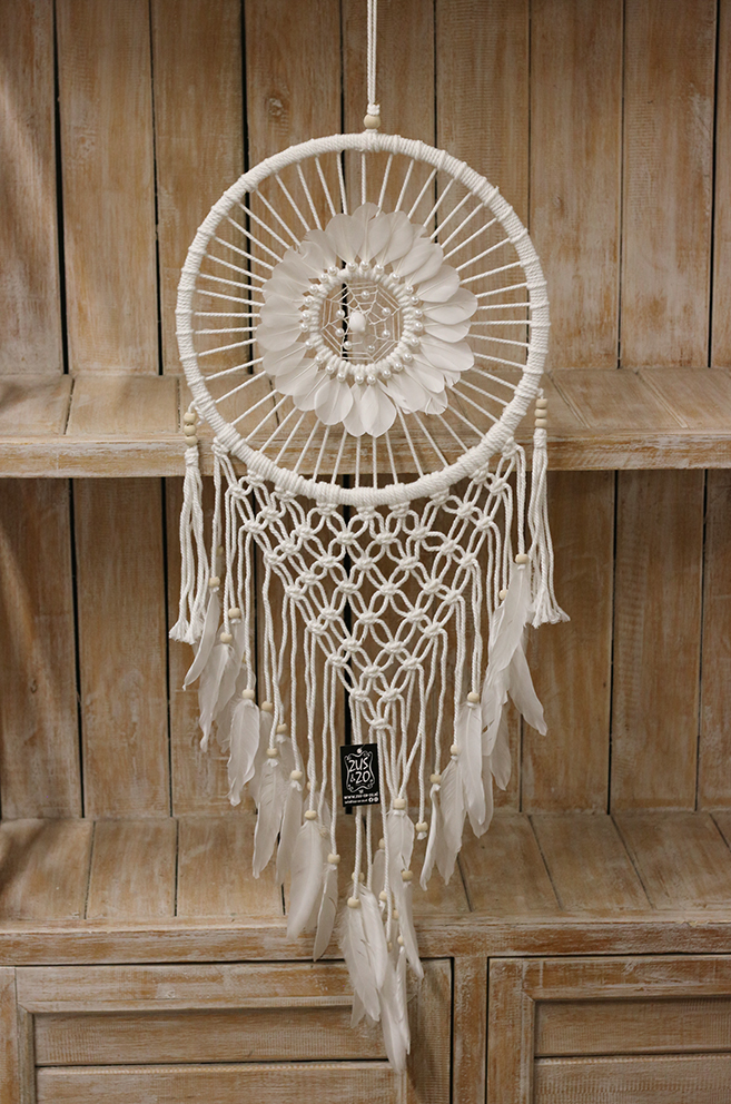 Dromenvanger geweven bloem+macramé 32cm wit