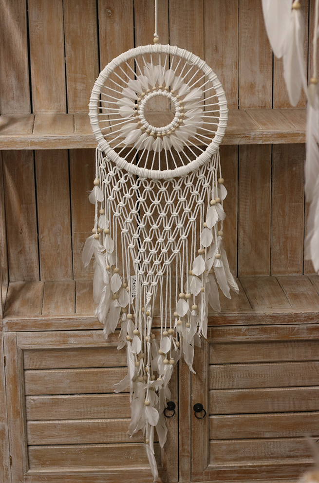 Dromenvanger geweven bloem+macramé 32cm wit