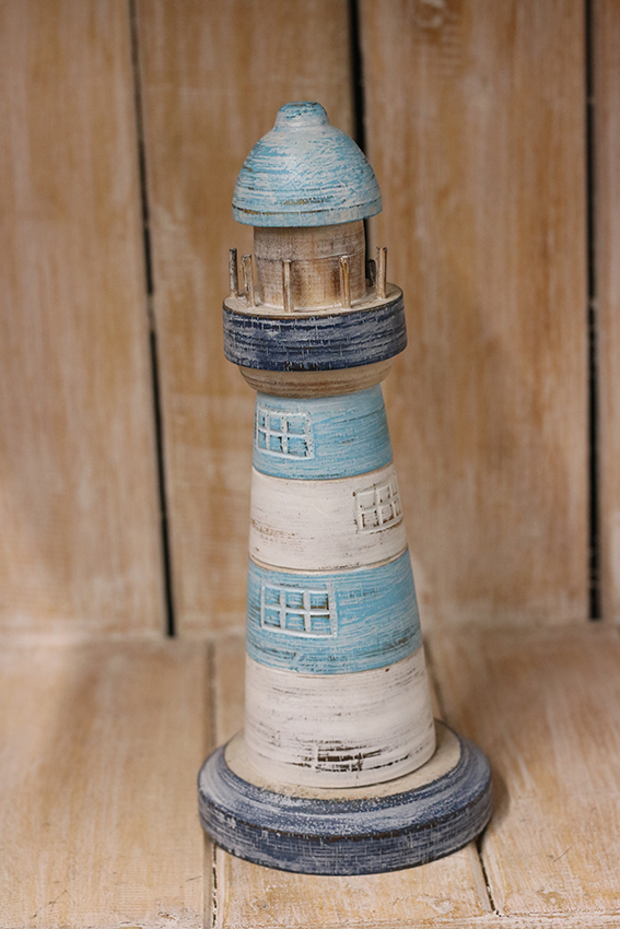Houten vuurtoren Turquoise/wit Maat L