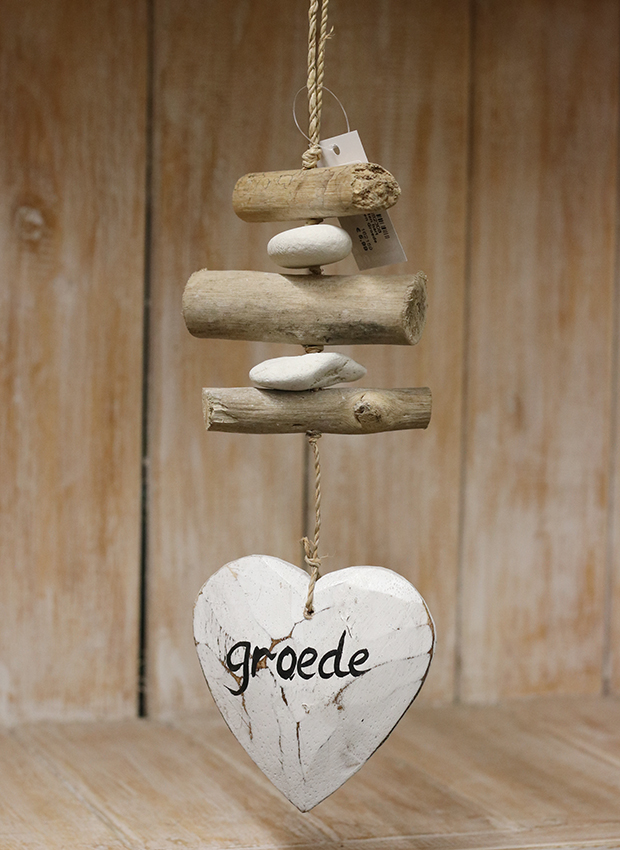 Hanger houten hart drijfhout + steen Groede