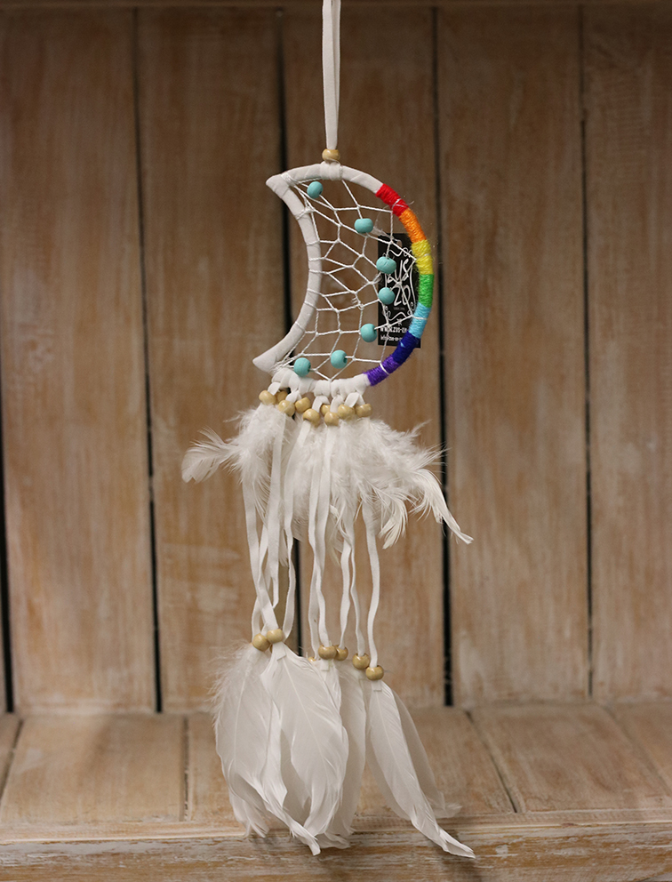 Dromenvanger regenboog maan + witte veer 12cm