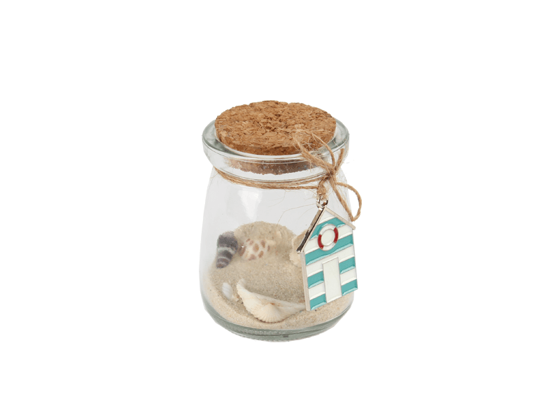 Flesje met zand en bedel strandhuis