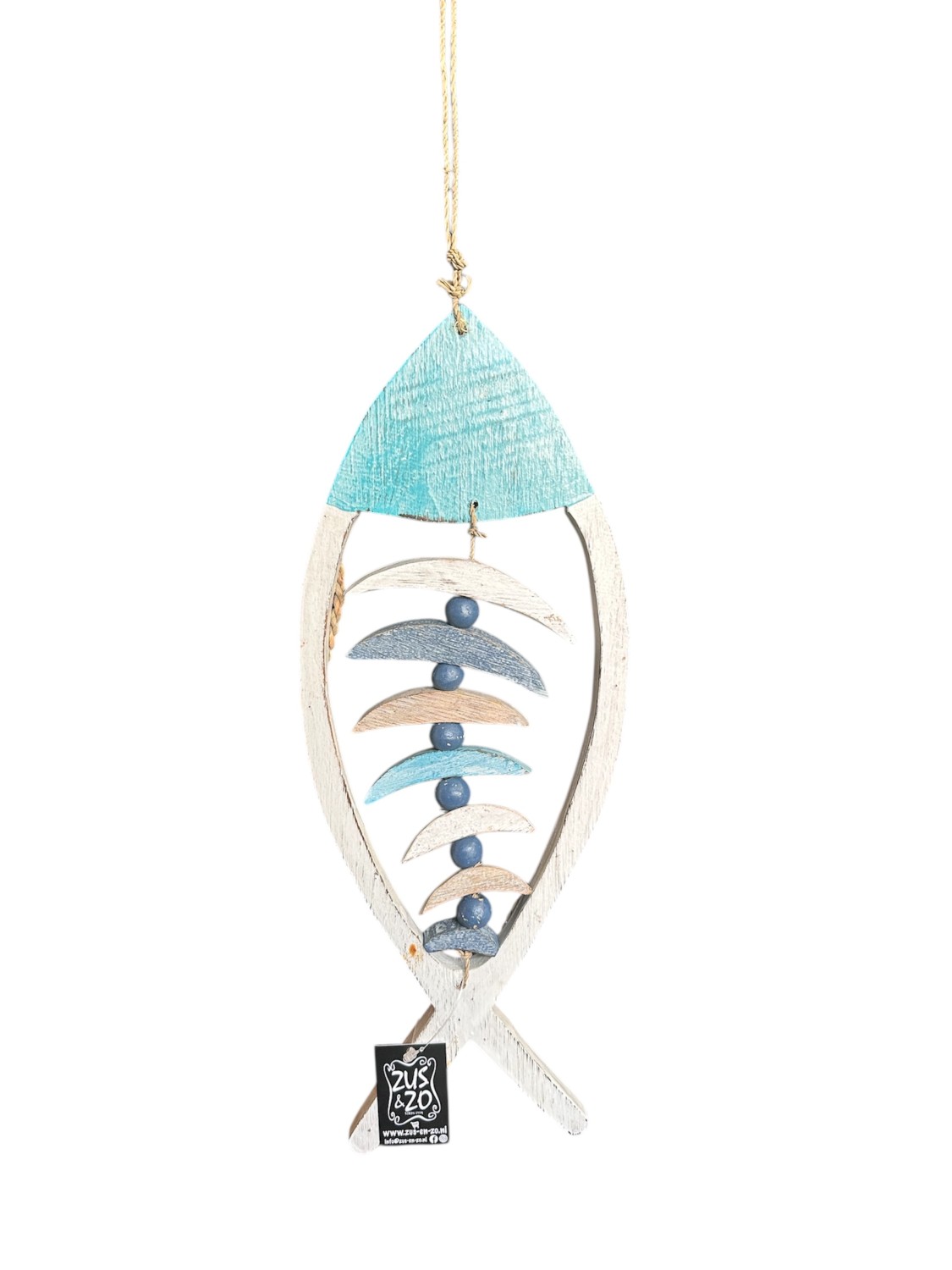 Houten Gratenvis Blauw/Wit 40 cm