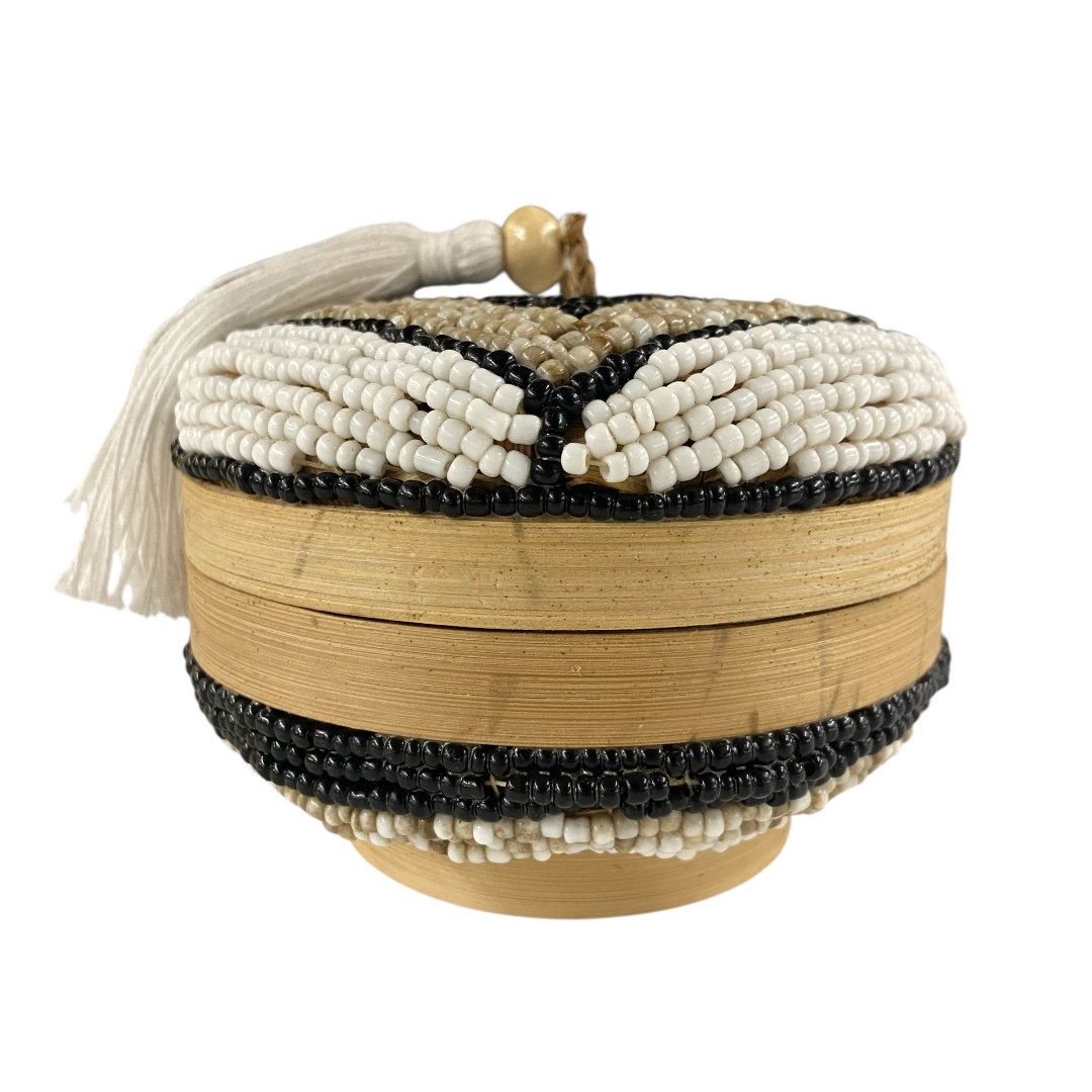 Bamboe kralen sieradendoosje - beige/zwart/wit