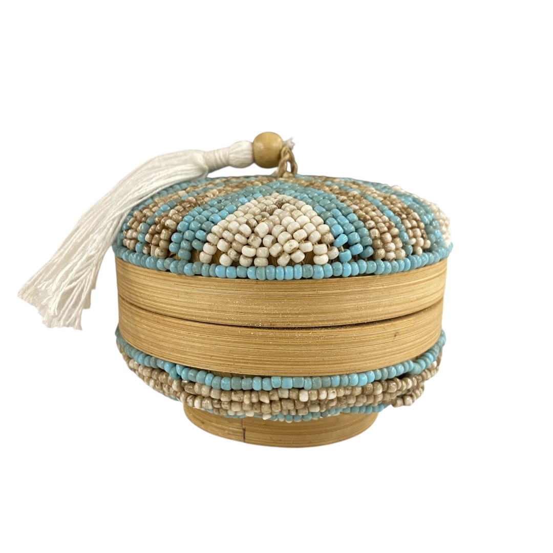Bamboe kralen sieradendoosje - turquoise/wit/beige