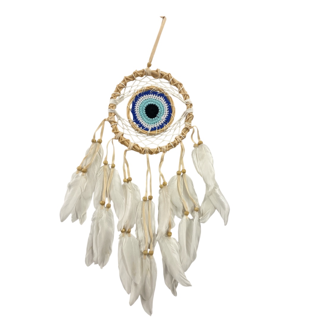 Dromenvanger 16 cm Oog houten ring witte veer
