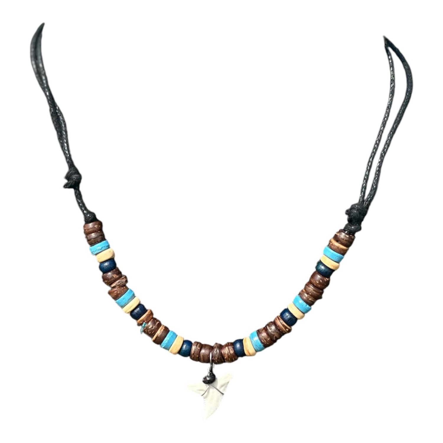 Haaientandketting kokosnoot waxkoord blauw/bruin/naturel