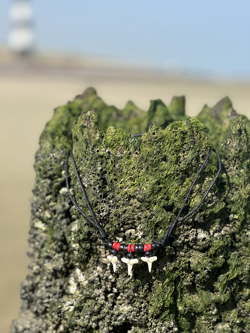 Haaientandketting met 3 haaientanden met rood en zwarte kokoskralen - Afbeelding 2